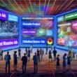 Digitale Marketer in moderner Arena mit interaktiven Native Ads, KI-Icons, Datenströmen und verblassender Bannerwerbung.