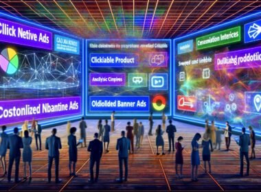 Digitale Marketer in moderner Arena mit interaktiven Native Ads, KI-Icons, Datenströmen und verblassender Bannerwerbung.