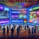 Digitale Marketer in moderner Arena mit interaktiven Native Ads, KI-Icons, Datenströmen und verblassender Bannerwerbung.