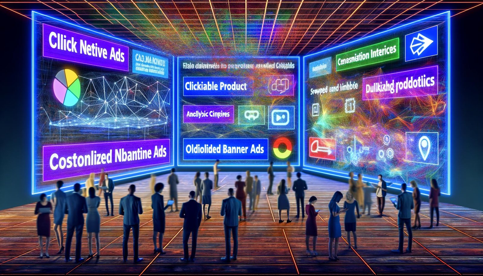 Digitale Marketer in moderner Arena mit interaktiven Native Ads, KI-Icons, Datenströmen und verblassender Bannerwerbung.