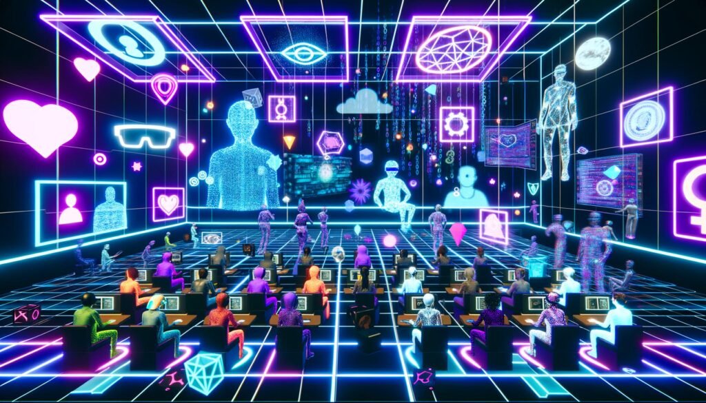 Metaverse-Kommandozentrale mit Avataren, Menschen an digitalen Interfaces, Hologrammen, XR-Brillen, Blockchain-Symbolen und leuchtenden Neonfarben