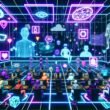 Metaverse-Kommandozentrale mit Avataren, Menschen an digitalen Interfaces, Hologrammen, XR-Brillen, Blockchain-Symbolen und leuchtenden Neonfarben