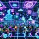 Metaverse-Kommandozentrale mit Avataren, Menschen an digitalen Interfaces, Hologrammen, XR-Brillen, Blockchain-Symbolen und leuchtenden Neonfarben