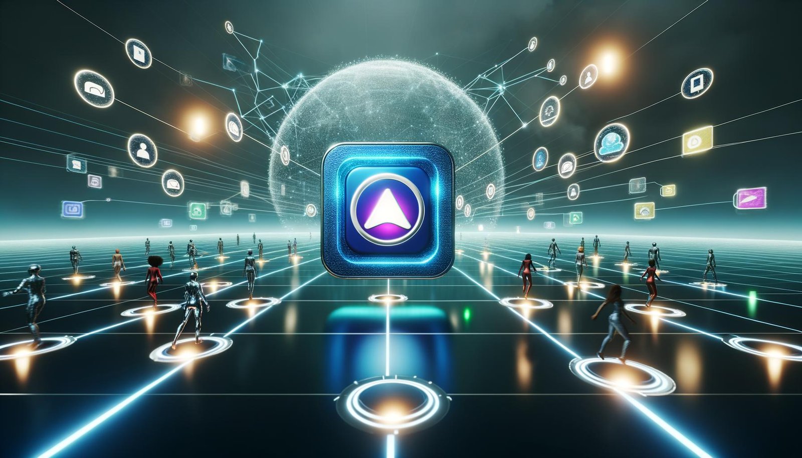 Dynamisches Titelbild mit digitalem 3D-Markenlogo, Avataren, virtuellen Interfaces und holografischen Dashboards in einer futuristischen Metaverse-Landschaft.