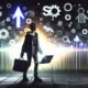 Entschlossene, geschlechtsneutrale Person mit Laptop, umgeben von modernen SEO-Icons, vor einem digitalen Google-SERPs-Feld mit düsterem Tech-Vibe.
