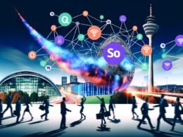 Stuttgarter Skyline mit Wahrzeichen, SEO-Logos, Ranking-Pfeilen und vernetzten Unternehmern in moderner, urbaner Magazin-Optik.