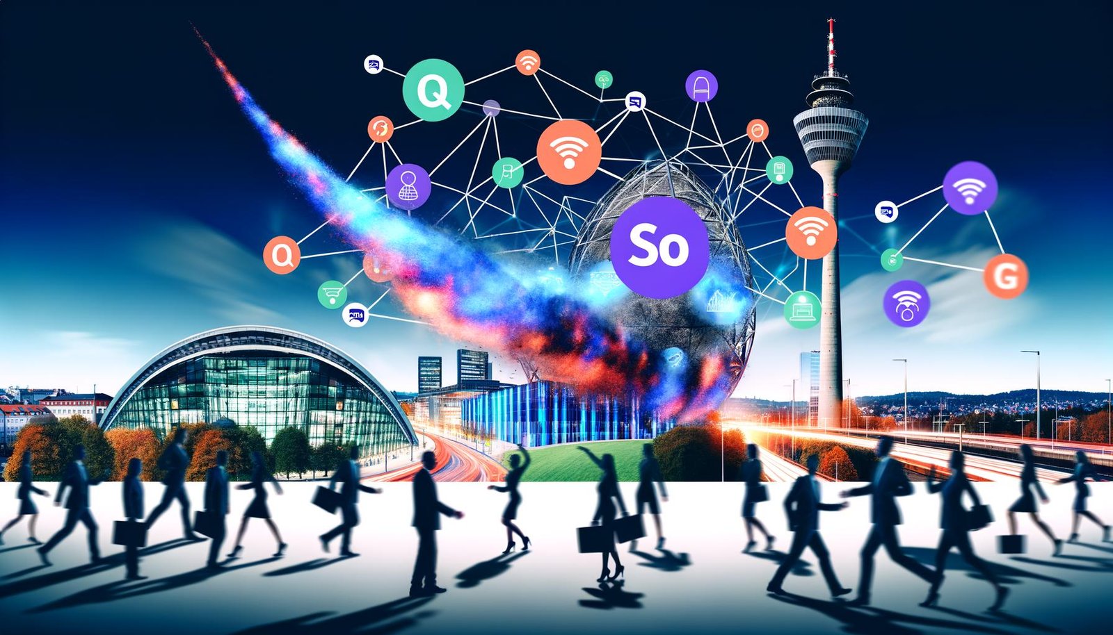 Stuttgarter Skyline mit Wahrzeichen, SEO-Logos, Ranking-Pfeilen und vernetzten Unternehmern in moderner, urbaner Magazin-Optik.