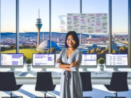 SEO-Freelancer am Schreibtisch mit Blick auf Stuttgart, technische Dashboards und Whiteboards für Strategie und Audits