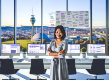 SEO-Freelancer am Schreibtisch mit Blick auf Stuttgart, technische Dashboards und Whiteboards für Strategie und Audits