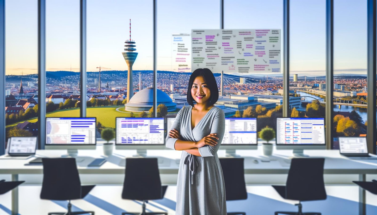 SEO-Freelancer am Schreibtisch mit Blick auf Stuttgart, technische Dashboards und Whiteboards für Strategie und Audits