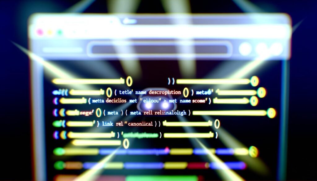 Futuristische Illustration eines Website-Dashboards mit leuchtenden und schwebenden Meta-Tags wie title, meta description und canonical vor unscharfen Suchergebnissen im Hintergrund.
