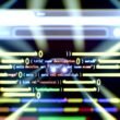 Futuristische Illustration eines Website-Dashboards mit leuchtenden und schwebenden Meta-Tags wie title, meta description und canonical vor unscharfen Suchergebnissen im Hintergrund.