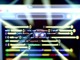 Futuristische Illustration eines Website-Dashboards mit leuchtenden und schwebenden Meta-Tags wie title, meta description und canonical vor unscharfen Suchergebnissen im Hintergrund.
