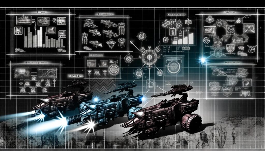 Stilisiertes Amazon-Produktgitter verwandelt sich in ein Schlachtfeld mit konkurrierenden Produkten als Panzer, futuristischen Datenströmen als Waffen und Taktik-verliebten Verkäufern im Fokus auf Daten-Dashboards.