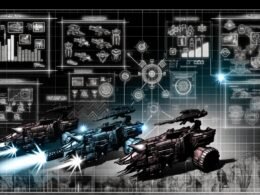 Stilisiertes Amazon-Produktgitter verwandelt sich in ein Schlachtfeld mit konkurrierenden Produkten als Panzer, futuristischen Datenströmen als Waffen und Taktik-verliebten Verkäufern im Fokus auf Daten-Dashboards.