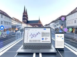 Szene aus Freiburgs Innenstadt mit Laptop, der eine SEO-Analyse zeigt, Smartphone mit lokalen Suchergebnissen und bekannten Freiburger Sehenswürdigkeiten im Hintergrund