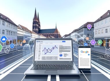 Szene aus Freiburgs Innenstadt mit Laptop, der eine SEO-Analyse zeigt, Smartphone mit lokalen Suchergebnissen und bekannten Freiburger Sehenswürdigkeiten im Hintergrund