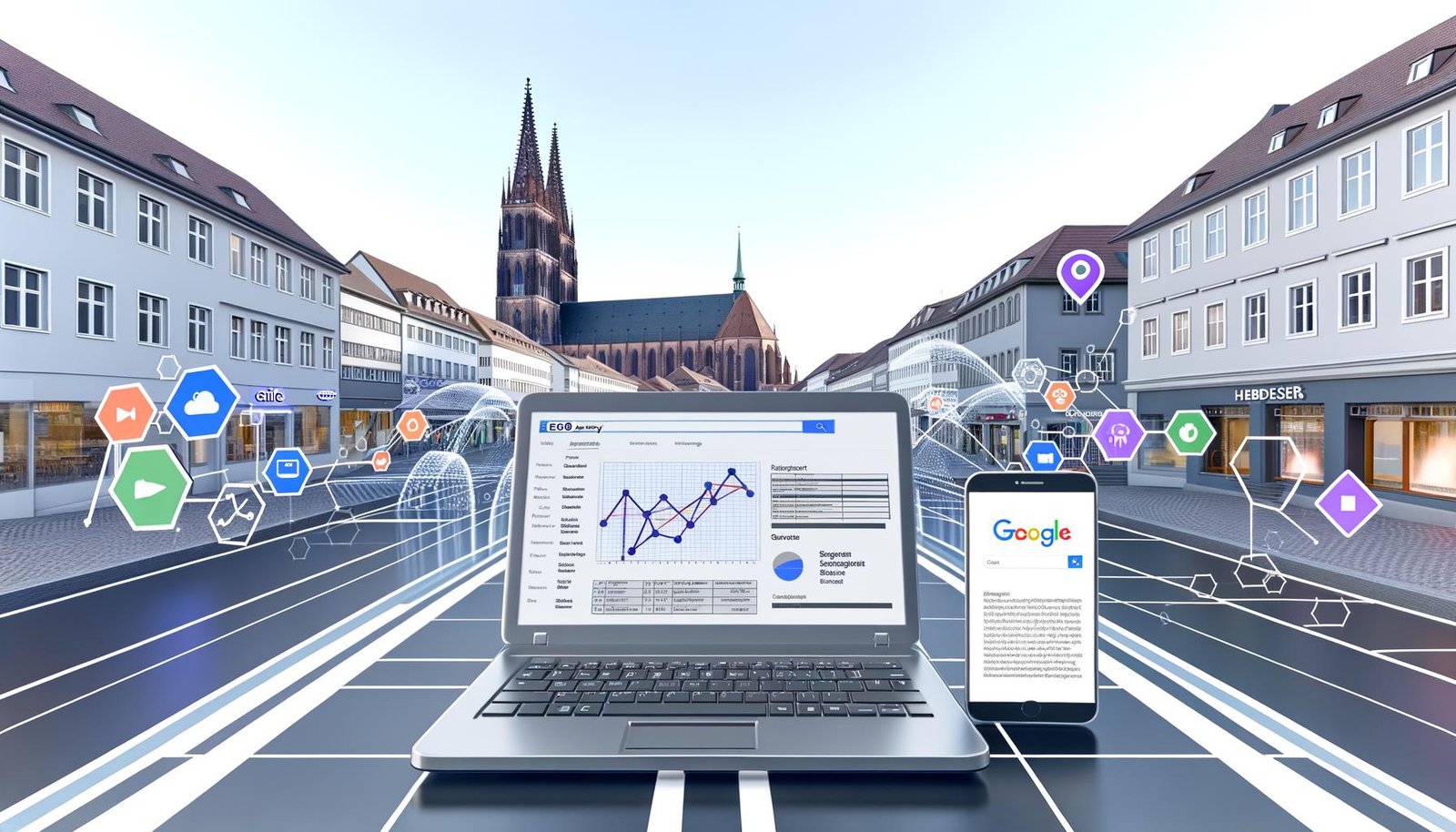 Szene aus Freiburgs Innenstadt mit Laptop, der eine SEO-Analyse zeigt, Smartphone mit lokalen Suchergebnissen und bekannten Freiburger Sehenswürdigkeiten im Hintergrund