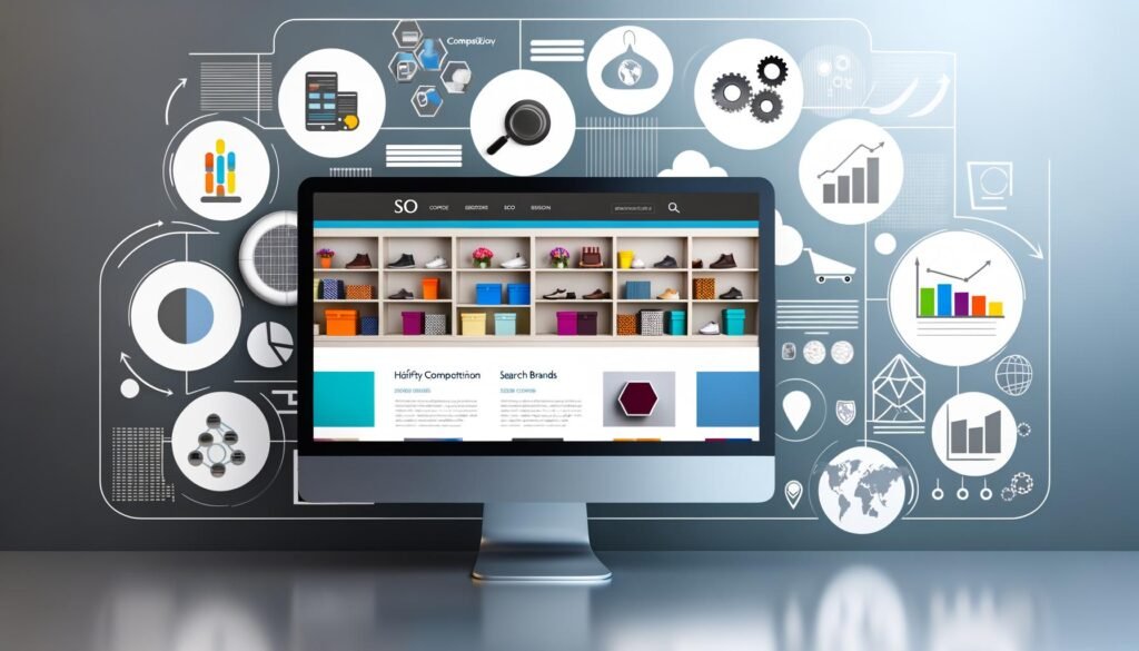 Moderner Online-Shop auf einem Desktop-Bildschirm mit organisierten Kategorien und farbenfrohen Produktbildern, im Hintergrund schemenhafte Silhouetten großer Konkurrenten, im Vordergrund Symbole für SEO und Webanalytik.