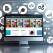 Moderner Online-Shop auf einem Desktop-Bildschirm mit organisierten Kategorien und farbenfrohen Produktbildern, im Hintergrund schemenhafte Silhouetten großer Konkurrenten, im Vordergrund Symbole für SEO und Webanalytik.