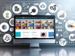 Moderner Online-Shop auf einem Desktop-Bildschirm mit organisierten Kategorien und farbenfrohen Produktbildern, im Hintergrund schemenhafte Silhouetten großer Konkurrenten, im Vordergrund Symbole für SEO und Webanalytik.