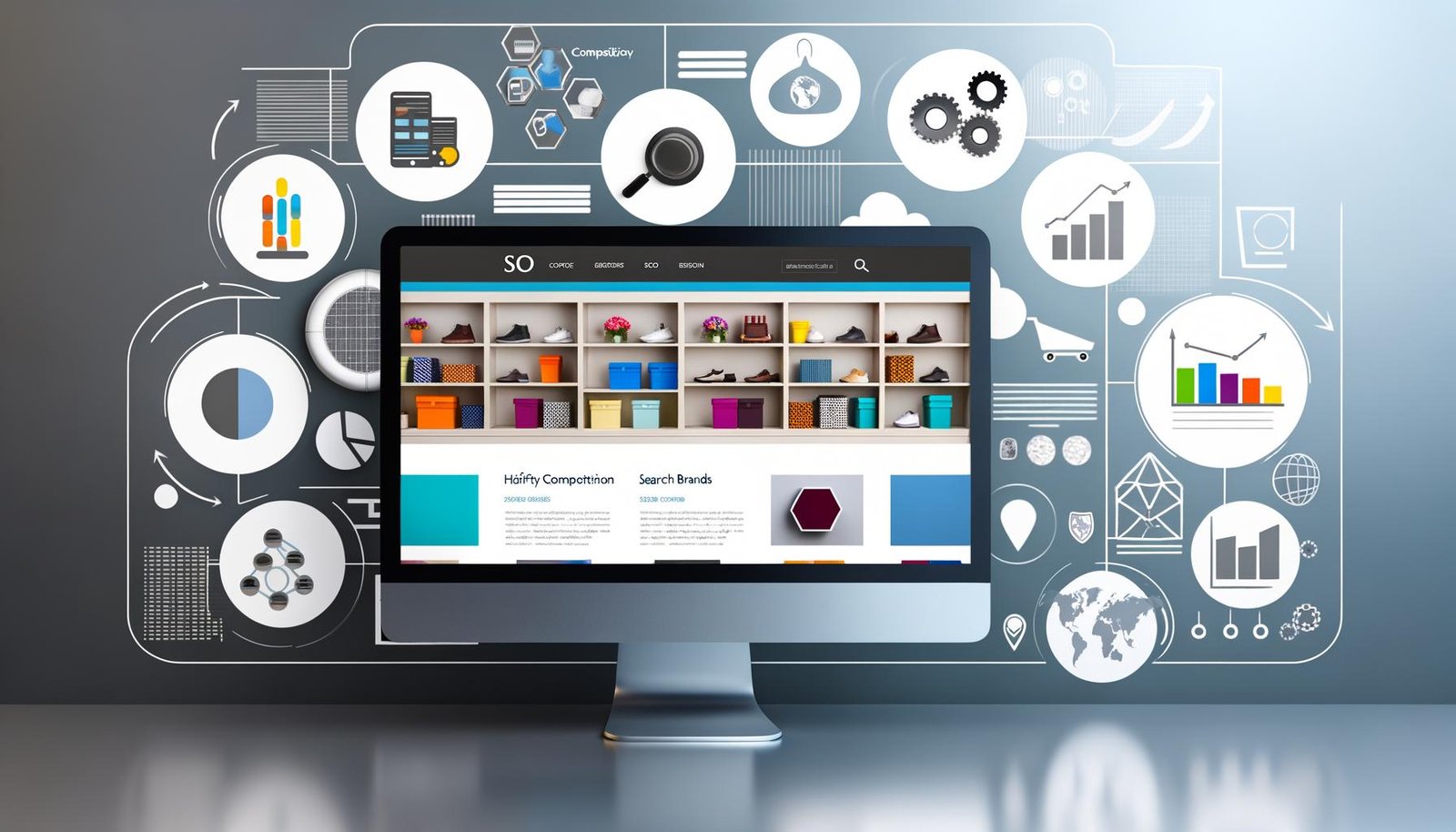 Moderner Online-Shop auf einem Desktop-Bildschirm mit organisierten Kategorien und farbenfrohen Produktbildern, im Hintergrund schemenhafte Silhouetten großer Konkurrenten, im Vordergrund Symbole für SEO und Webanalytik.