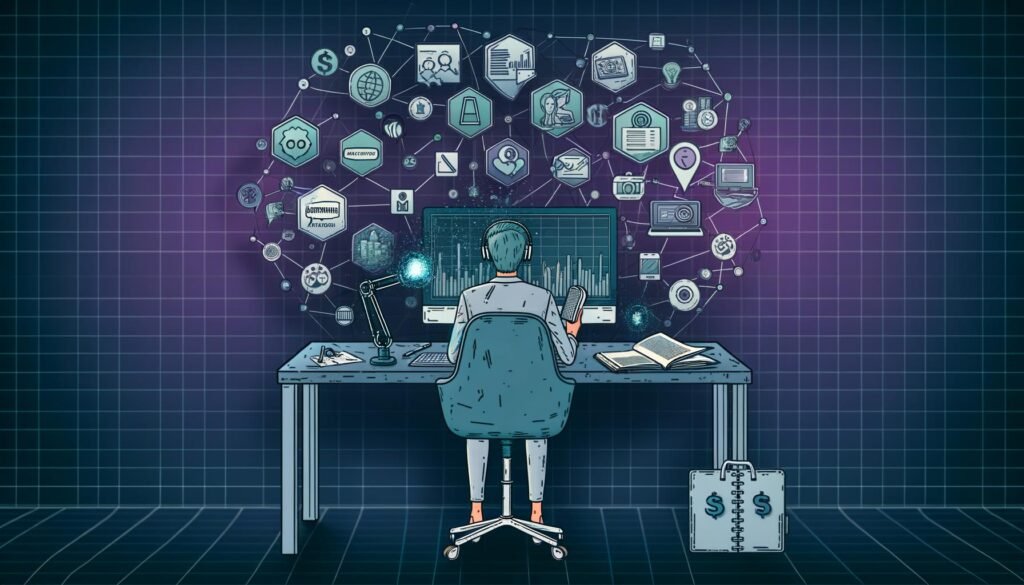 Dynamische Illustration eines Content Creators mit Schreibtisch voller Technik, Analytics-Grafiken, Mikrofon und Kamera; vernetzte Logos von Monetarisierungsplattformen im Hintergrund.