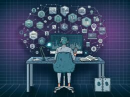 Dynamische Illustration eines Content Creators mit Schreibtisch voller Technik, Analytics-Grafiken, Mikrofon und Kamera; vernetzte Logos von Monetarisierungsplattformen im Hintergrund.