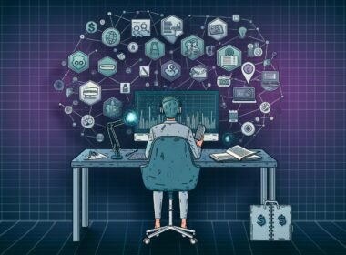 Dynamische Illustration eines Content Creators mit Schreibtisch voller Technik, Analytics-Grafiken, Mikrofon und Kamera; vernetzte Logos von Monetarisierungsplattformen im Hintergrund.