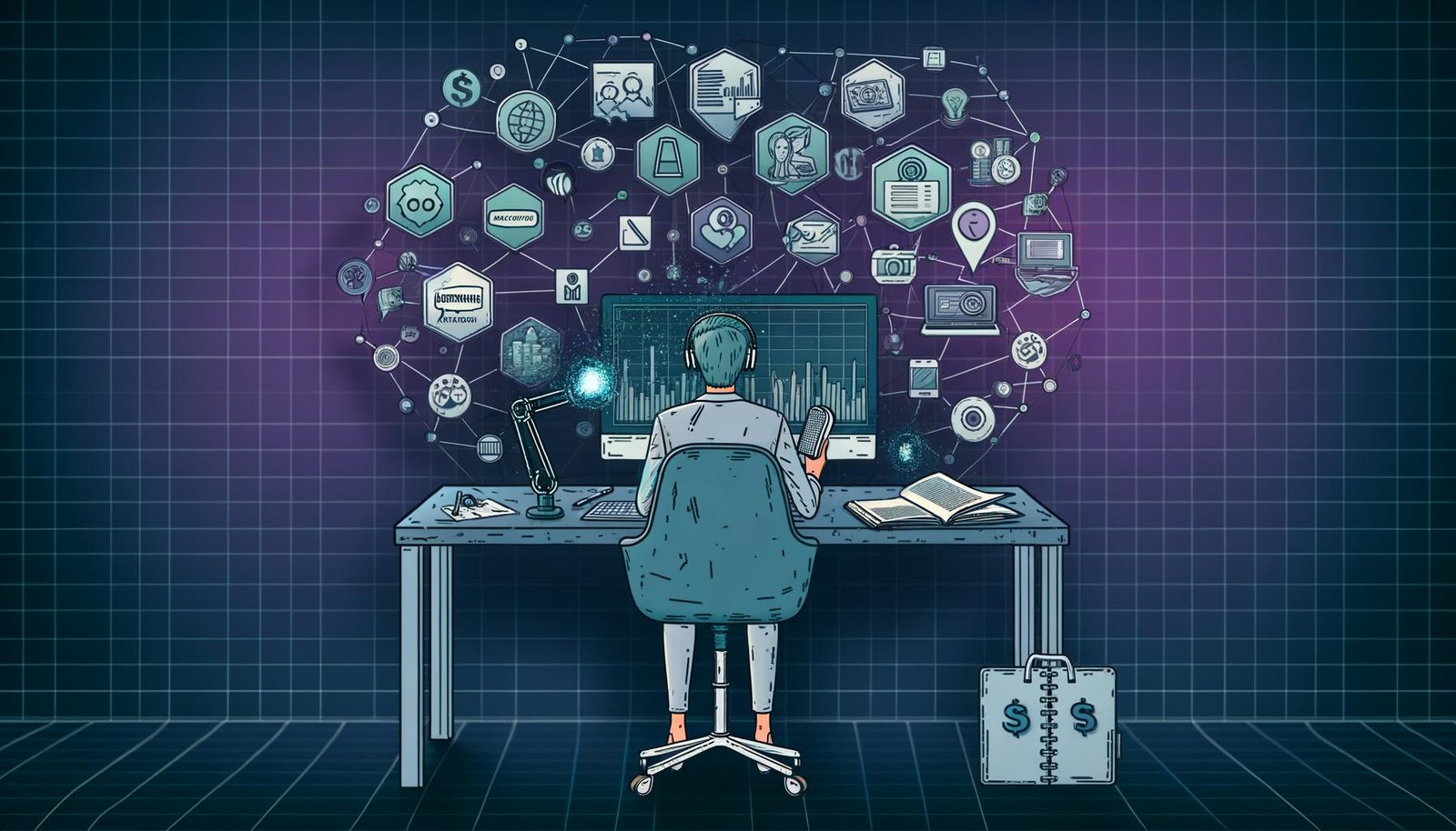 Dynamische Illustration eines Content Creators mit Schreibtisch voller Technik, Analytics-Grafiken, Mikrofon und Kamera; vernetzte Logos von Monetarisierungsplattformen im Hintergrund.