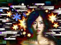 Digitale Collage von Han Seo Hee mit kurzen dunklen Haaren, intensiver Mimik, flankiert von explodierenden Social-Media-Symbolen, Nachrichtenfetzen und Suchergebnissen vor einer düsteren, chaotischen Online-Atmosphäre.