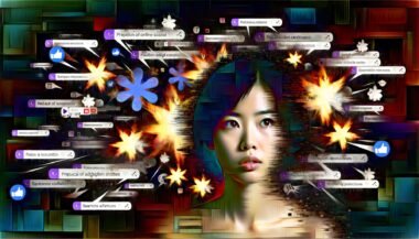 Digitale Collage von Han Seo Hee mit kurzen dunklen Haaren, intensiver Mimik, flankiert von explodierenden Social-Media-Symbolen, Nachrichtenfetzen und Suchergebnissen vor einer düsteren, chaotischen Online-Atmosphäre.