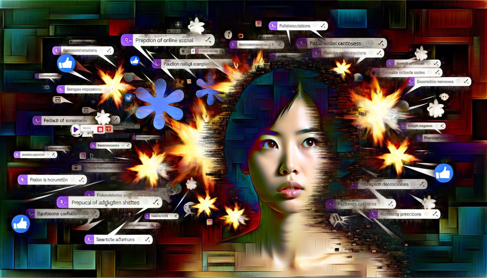 Digitale Collage von Han Seo Hee mit kurzen dunklen Haaren, intensiver Mimik, flankiert von explodierenden Social-Media-Symbolen, Nachrichtenfetzen und Suchergebnissen vor einer düsteren, chaotischen Online-Atmosphäre.