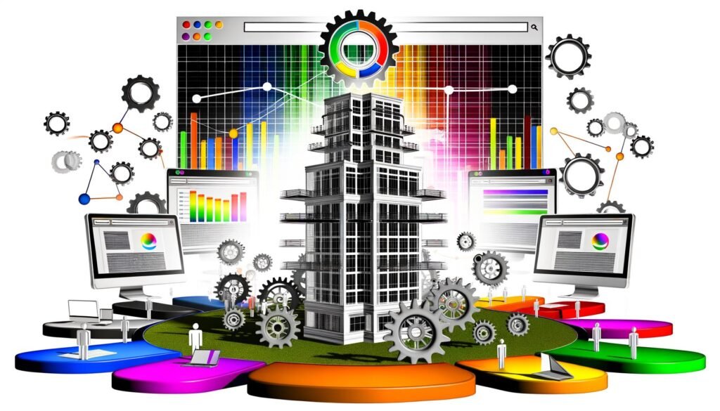 Moderne Illustration einer metaphorischen SEO-Schaltzentrale mit Hochhaus-Website-Struktur, Zahnrädern, Netzwerkleitungen, Analyse-Diagrammen, Backlink-Verbindungen und Nutzern an verschiedenen Geräten.