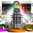 Moderne Illustration einer metaphorischen SEO-Schaltzentrale mit Hochhaus-Website-Struktur, Zahnrädern, Netzwerkleitungen, Analyse-Diagrammen, Backlink-Verbindungen und Nutzern an verschiedenen Geräten.