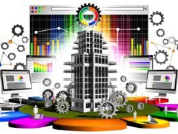 Moderne Illustration einer metaphorischen SEO-Schaltzentrale mit Hochhaus-Website-Struktur, Zahnrädern, Netzwerkleitungen, Analyse-Diagrammen, Backlink-Verbindungen und Nutzern an verschiedenen Geräten.