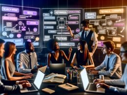 Dynamische Gruppe im modernen Büro, mit Laptops, Notizbüchern, großen Monitoren mit Keywords und Dashboards; Team diskutiert SEO-Strategien sowie Content-Pläne an Flipchart.