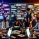 Dynamische Gruppe im modernen Büro, mit Laptops, Notizbüchern, großen Monitoren mit Keywords und Dashboards; Team diskutiert SEO-Strategien sowie Content-Pläne an Flipchart.