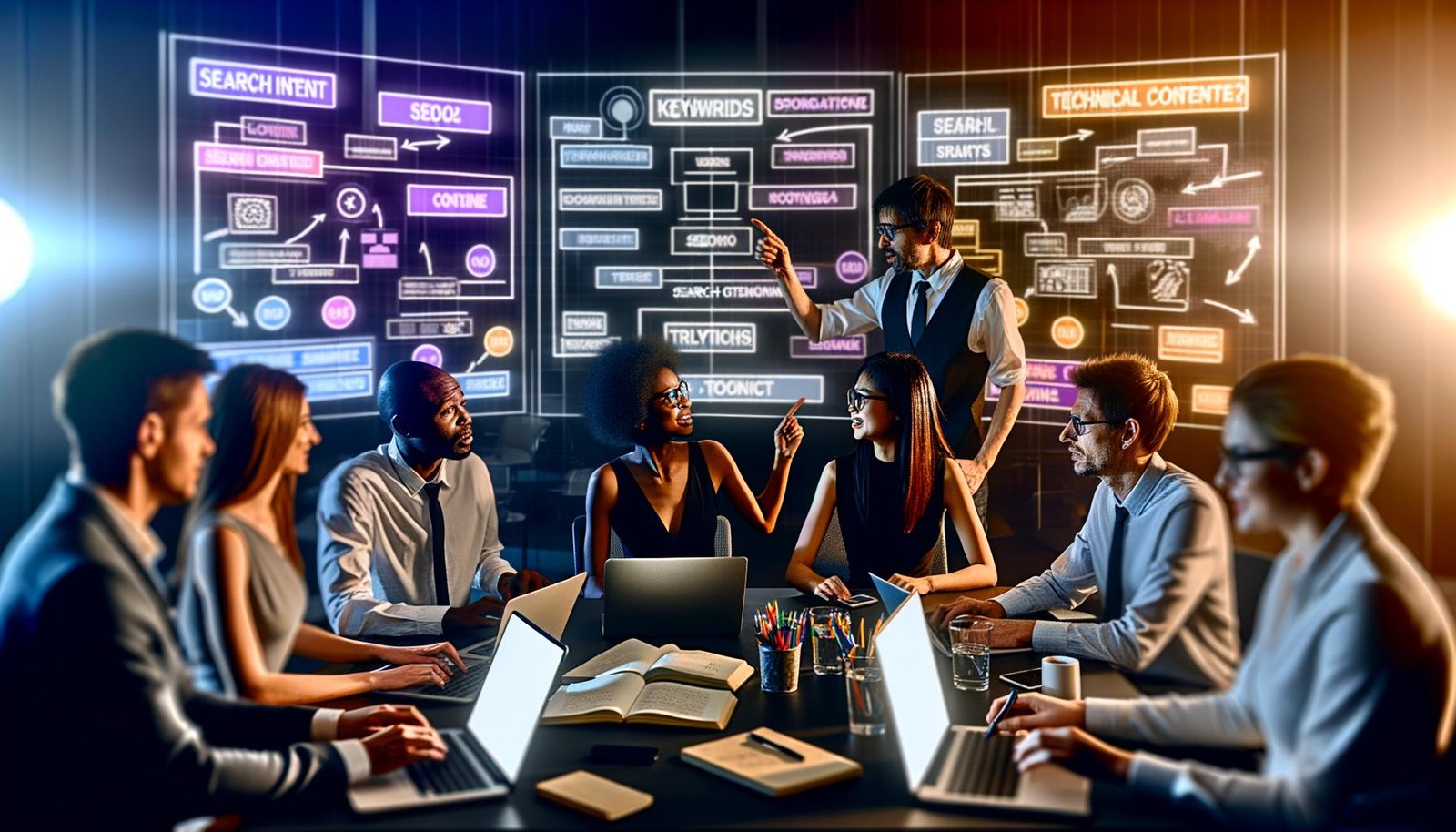 Dynamische Gruppe im modernen Büro, mit Laptops, Notizbüchern, großen Monitoren mit Keywords und Dashboards; Team diskutiert SEO-Strategien sowie Content-Pläne an Flipchart.