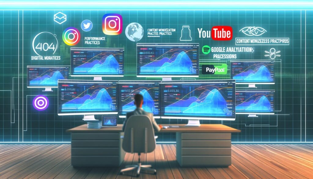 Modernes, futuristisches Studio mit mehreren Monitoren, die Leistungswerte, Conversion-Rates und Zahlungs-Integrationen (u.a. PayPal, Stripe) zeigen. Im Hintergrund Icons von YouTube, Instagram und Google Analytics. Ein digitaler Profi analysiert konzentriert die Daten am technisch aufgeräumten Arbeitsplatz.