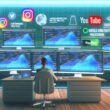 Modernes, futuristisches Studio mit mehreren Monitoren, die Leistungswerte, Conversion-Rates und Zahlungs-Integrationen (u.a. PayPal, Stripe) zeigen. Im Hintergrund Icons von YouTube, Instagram und Google Analytics. Ein digitaler Profi analysiert konzentriert die Daten am technisch aufgeräumten Arbeitsplatz.