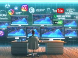 Modernes, futuristisches Studio mit mehreren Monitoren, die Leistungswerte, Conversion-Rates und Zahlungs-Integrationen (u.a. PayPal, Stripe) zeigen. Im Hintergrund Icons von YouTube, Instagram und Google Analytics. Ein digitaler Profi analysiert konzentriert die Daten am technisch aufgeräumten Arbeitsplatz.