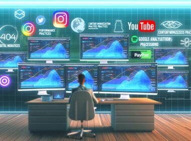 Modernes, futuristisches Studio mit mehreren Monitoren, die Leistungswerte, Conversion-Rates und Zahlungs-Integrationen (u.a. PayPal, Stripe) zeigen. Im Hintergrund Icons von YouTube, Instagram und Google Analytics. Ein digitaler Profi analysiert konzentriert die Daten am technisch aufgeräumten Arbeitsplatz.