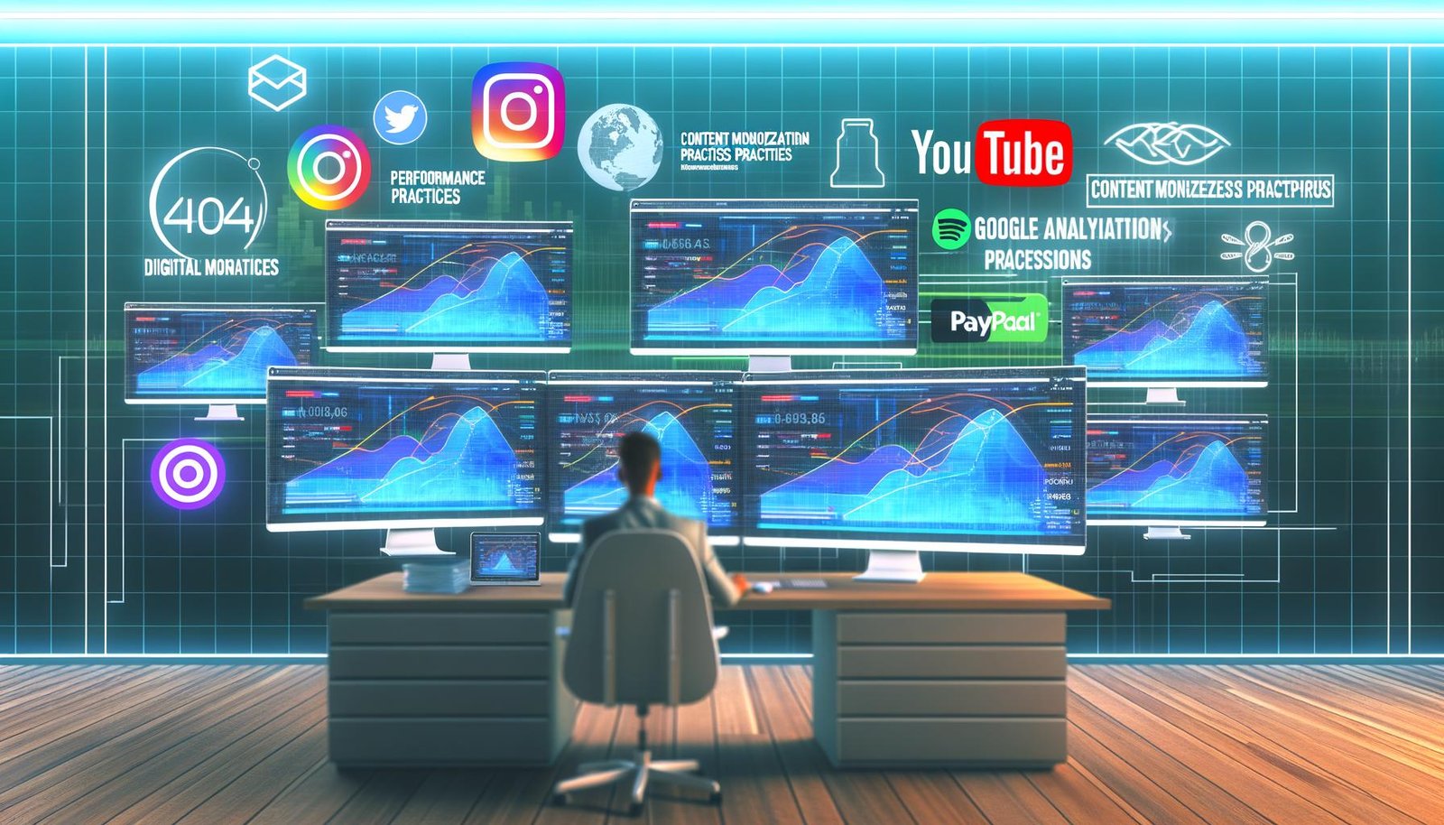 Modernes, futuristisches Studio mit mehreren Monitoren, die Leistungswerte, Conversion-Rates und Zahlungs-Integrationen (u.a. PayPal, Stripe) zeigen. Im Hintergrund Icons von YouTube, Instagram und Google Analytics. Ein digitaler Profi analysiert konzentriert die Daten am technisch aufgeräumten Arbeitsplatz.