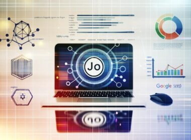 Moderner Arbeitsplatz mit Laptop, auf dem das Joomla-Logo sowie SEO-Diagramme und Sichtbarkeitskurven zu sehen sind, umgeben von digitalen, technischen Symbolen und Analytics-Grafiken.