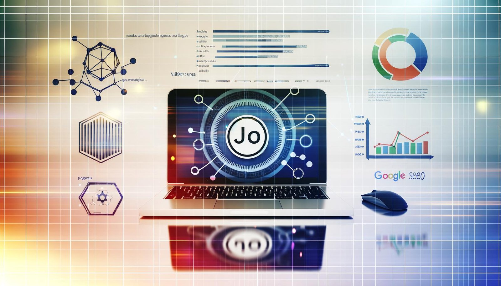 Moderner Arbeitsplatz mit Laptop, auf dem das Joomla-Logo sowie SEO-Diagramme und Sichtbarkeitskurven zu sehen sind, umgeben von digitalen, technischen Symbolen und Analytics-Grafiken.