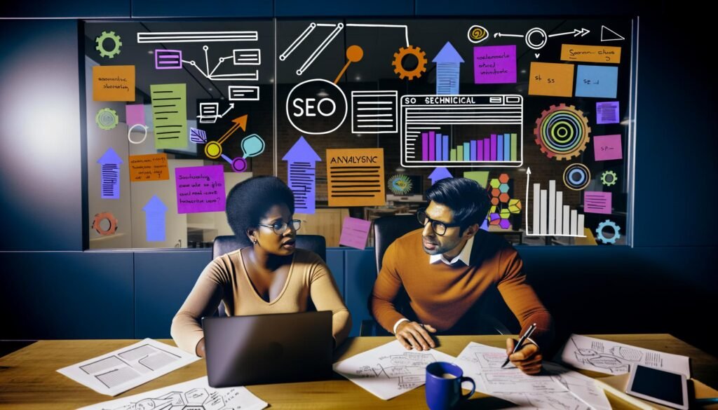 Team analysiert SEO-Daten und plant Strategie mit Analytics-Dashboard, Notizen und Diagrammen im modernen Workspace.