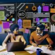 Team analysiert SEO-Daten und plant Strategie mit Analytics-Dashboard, Notizen und Diagrammen im modernen Workspace.