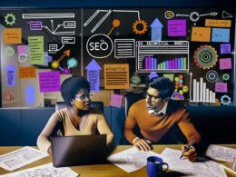 Team analysiert SEO-Daten und plant Strategie mit Analytics-Dashboard, Notizen und Diagrammen im modernen Workspace.