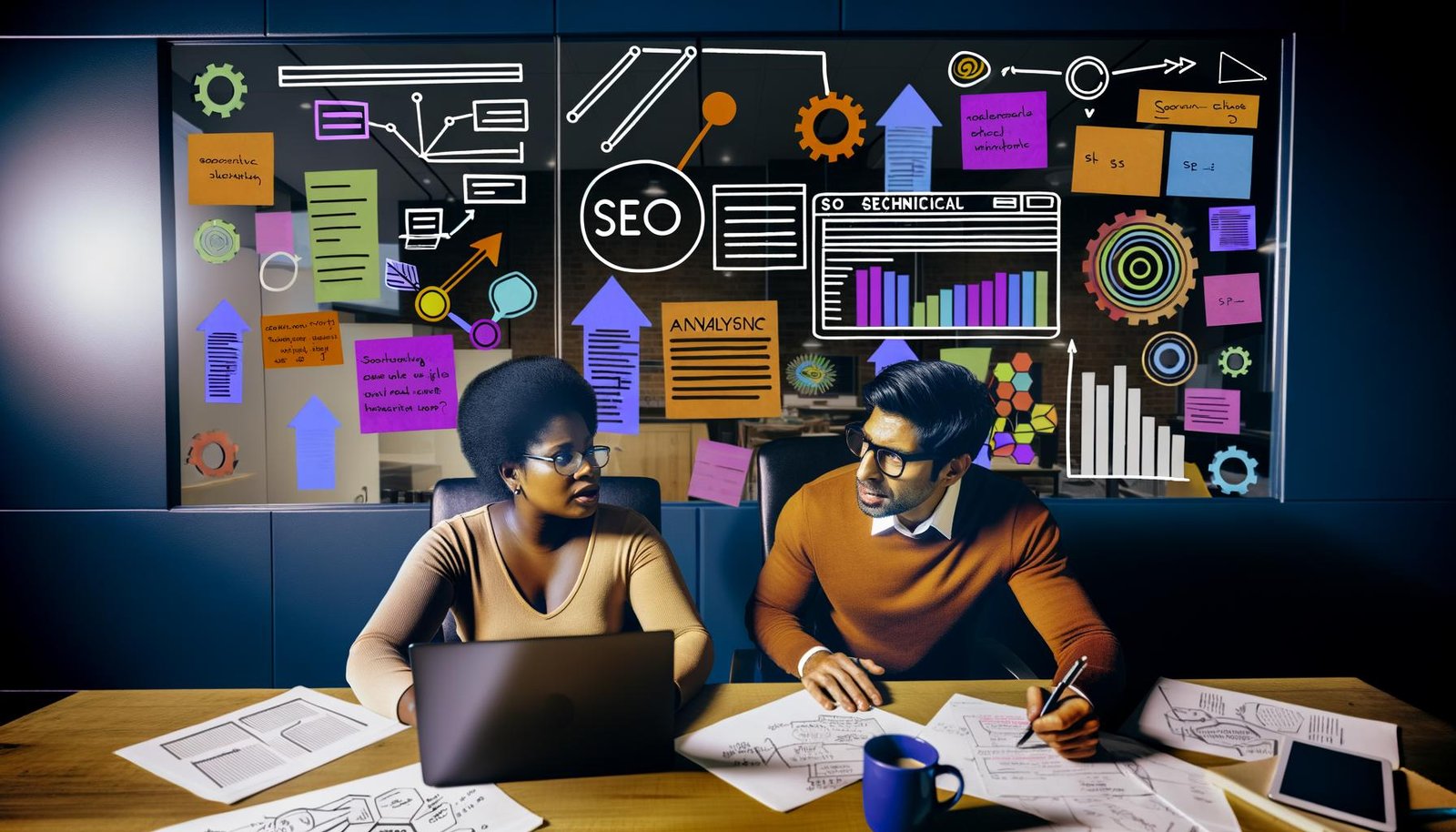 Team analysiert SEO-Daten und plant Strategie mit Analytics-Dashboard, Notizen und Diagrammen im modernen Workspace.